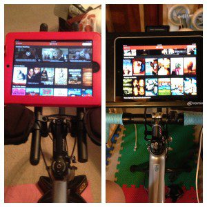 Dueling iPads.  SBM friend, Katherine, sent me her picture (on the right)... love it. Aero bars are excellent iPad holders. 